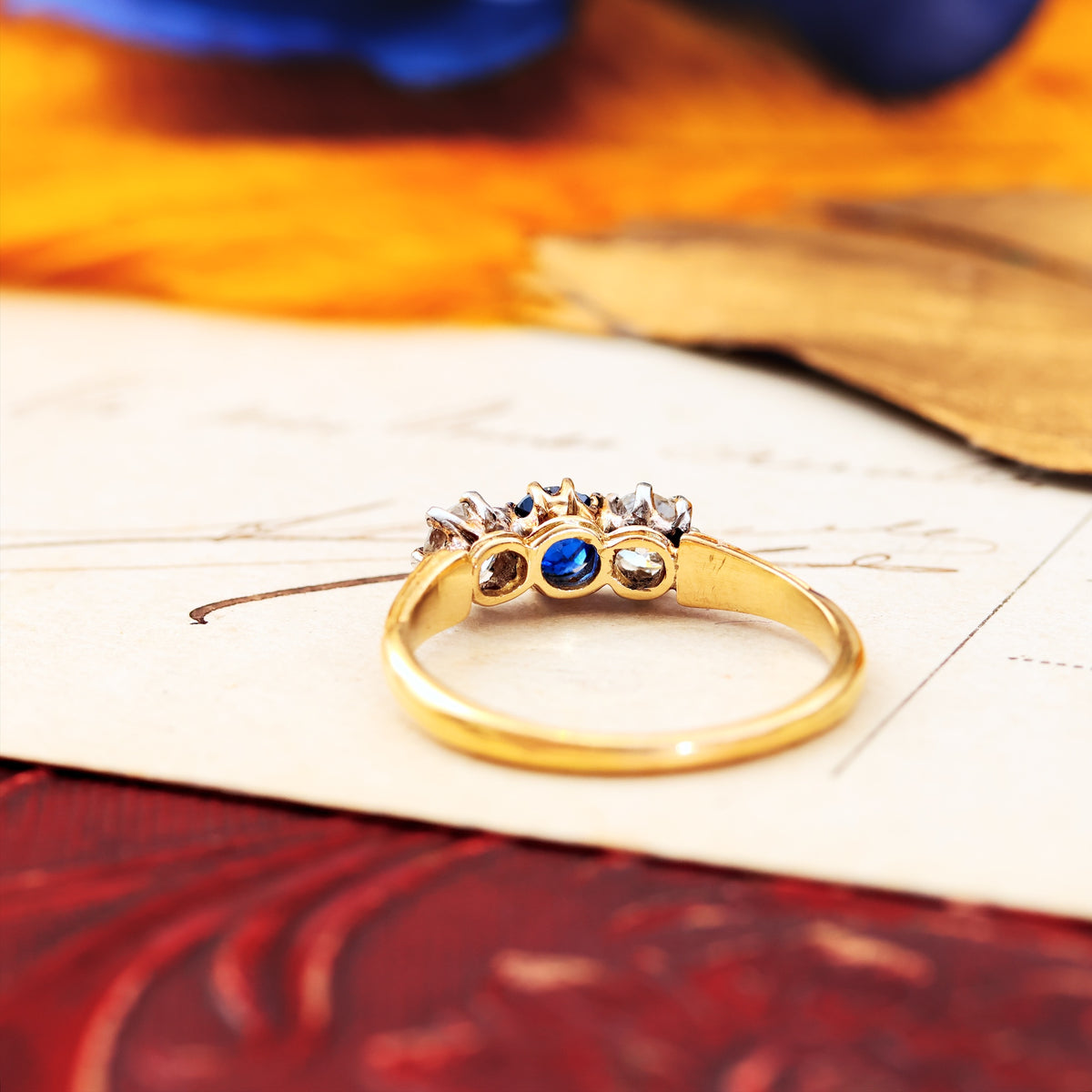 Pristine Antique Trilogy Sapphire & Diamond Engagement Ring
