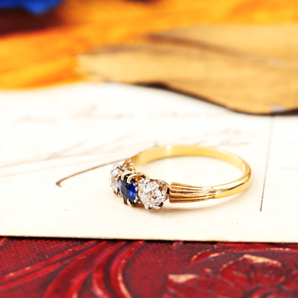 Pristine Antique Trilogy Sapphire & Diamond Engagement Ring