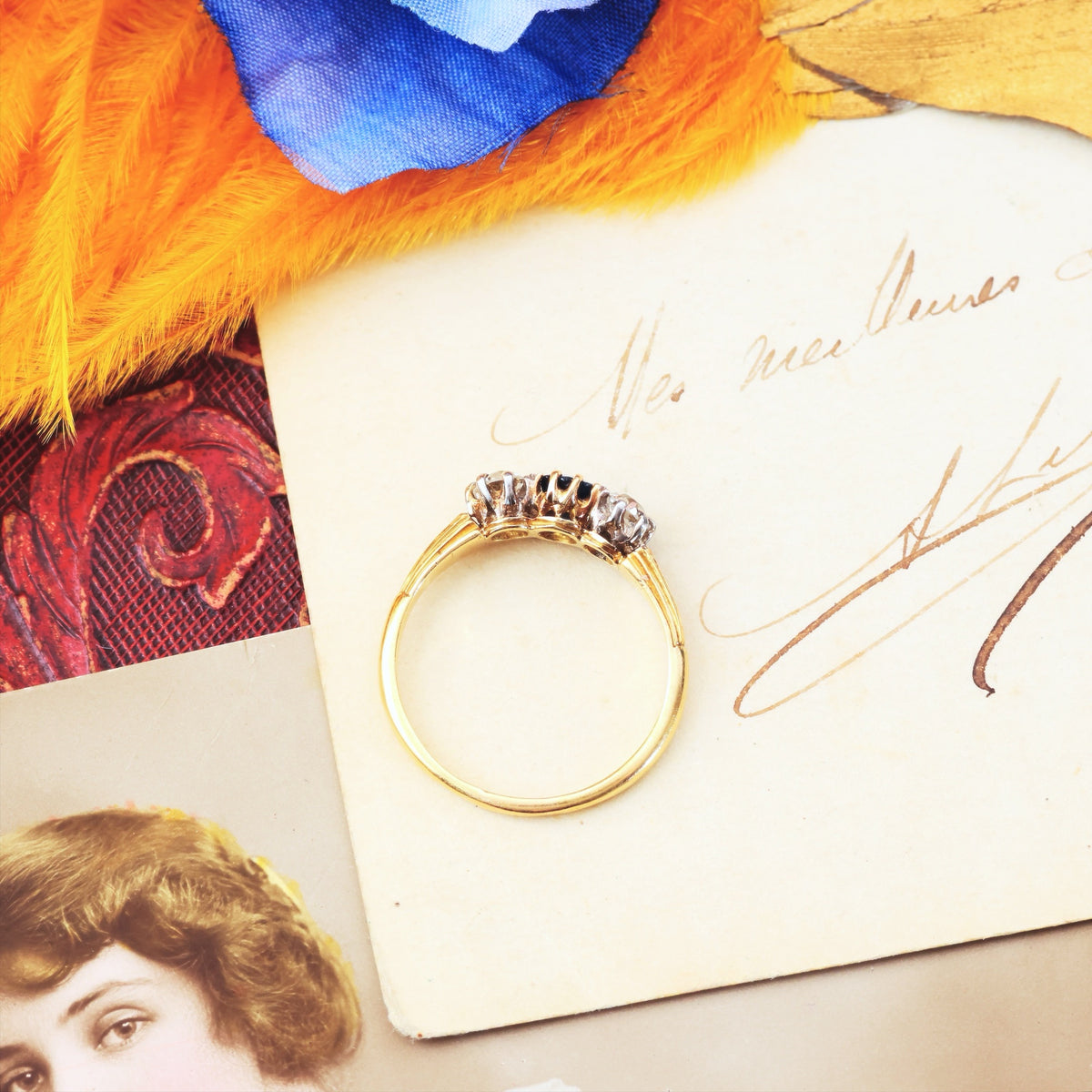 Pristine Antique Trilogy Sapphire & Diamond Engagement Ring