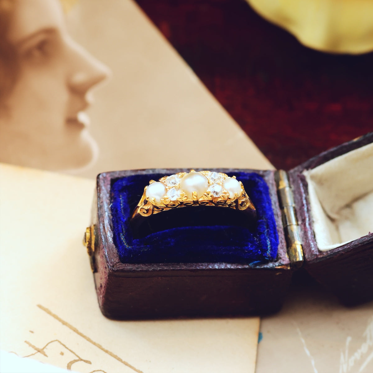 Late Victorian Hand Diamond & Pearl Engagement Ring