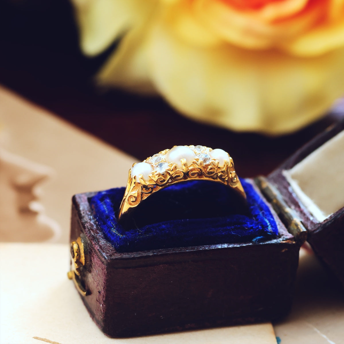 Late Victorian Hand Diamond & Pearl Engagement Ring