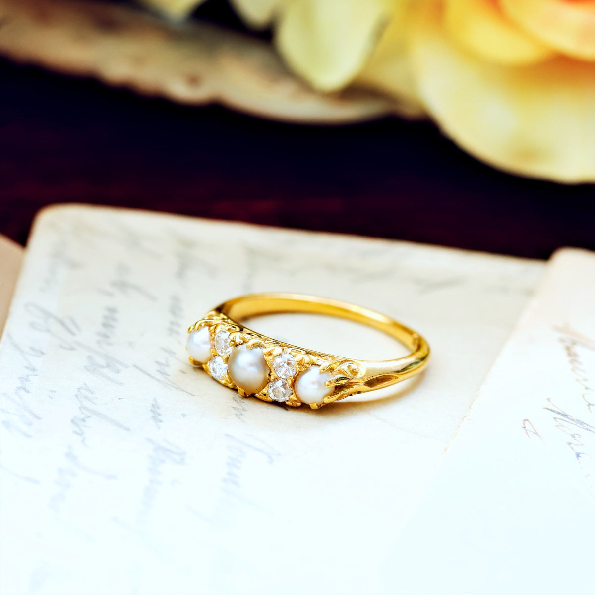 Late Victorian Hand Diamond & Pearl Engagement Ring