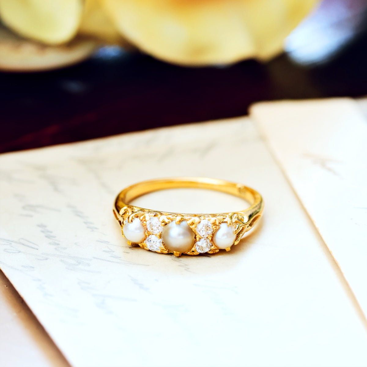 Victorian Hand Diamond & Pearl Engagement Ring