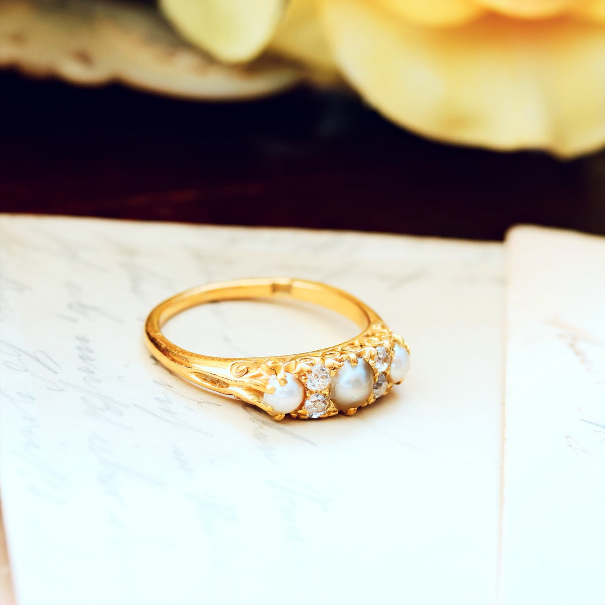 Late Victorian Hand Diamond & Pearl Engagement Ring