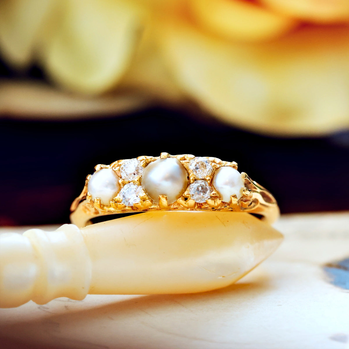 Late Victorian Hand Diamond & Pearl Engagement Ring