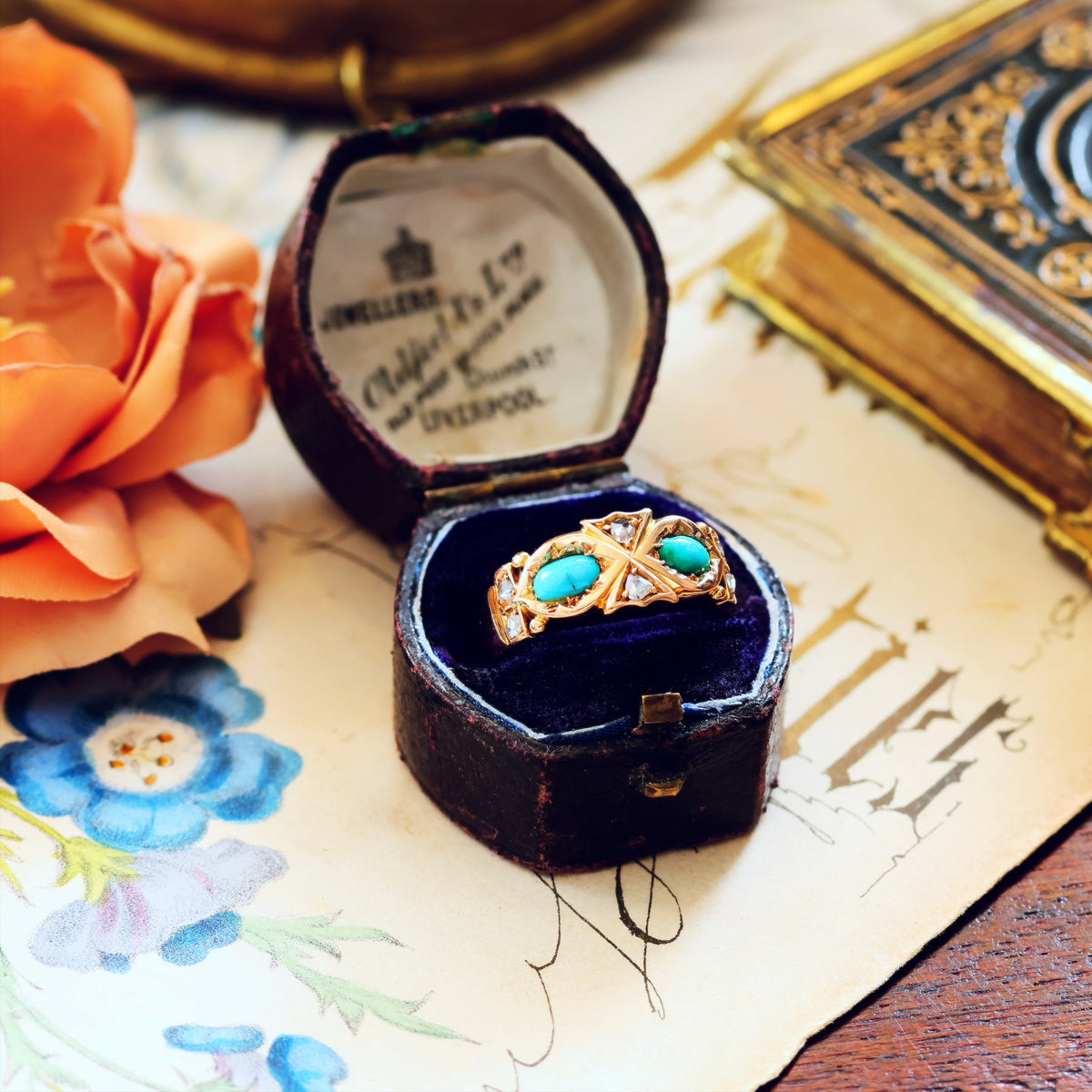 Fine Antique Victorian Persian Turquoise & Diamond Ring