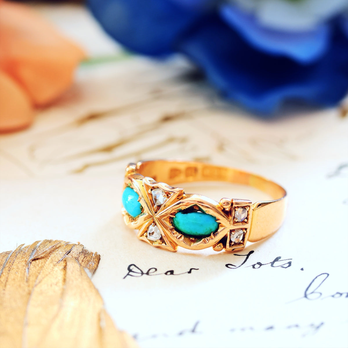 Fine Antique Victorian Persian Turquoise & Diamond Ring