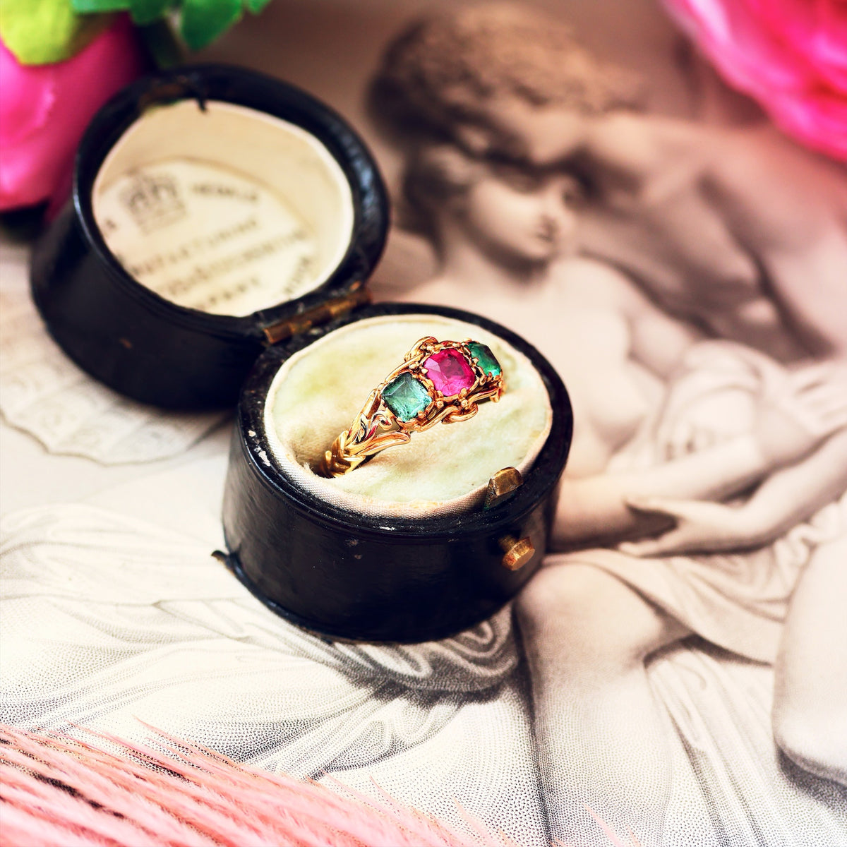 Antique Mid Victorian Ruby & Emerald Floral Ring