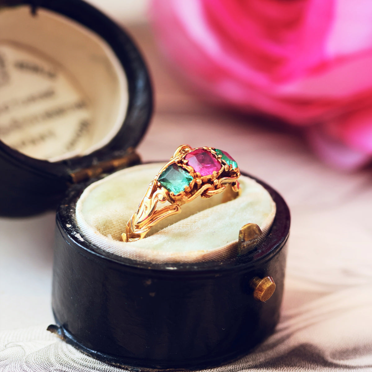 Antique Mid Victorian Ruby & Emerald Floral Ring