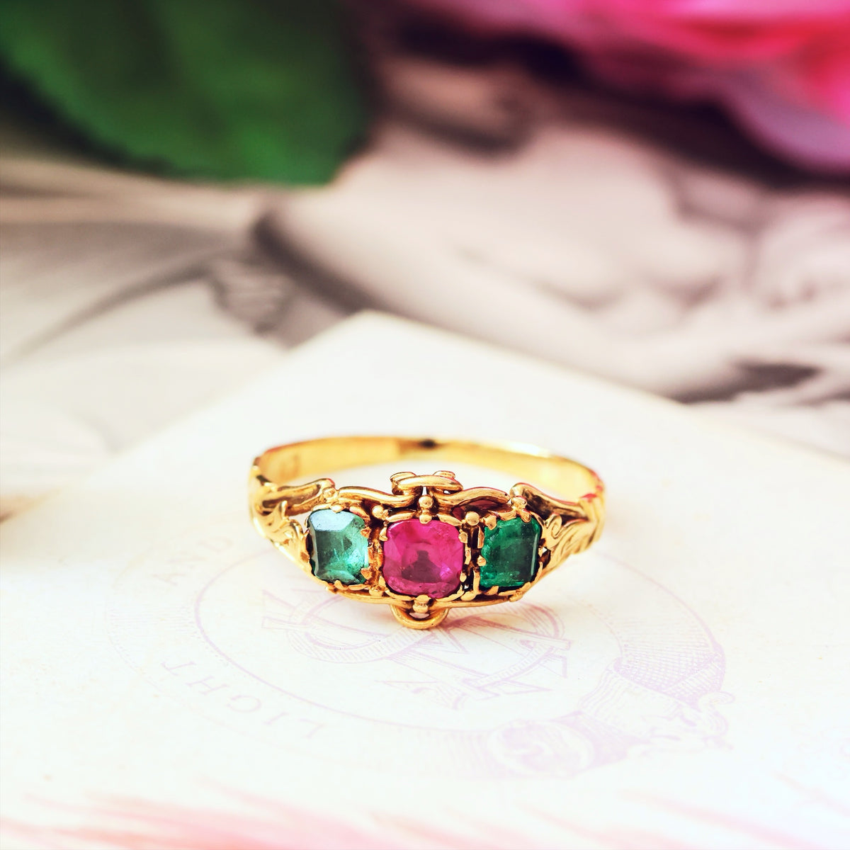 Antique Mid Victorian Ruby & Emerald Floral Ring
