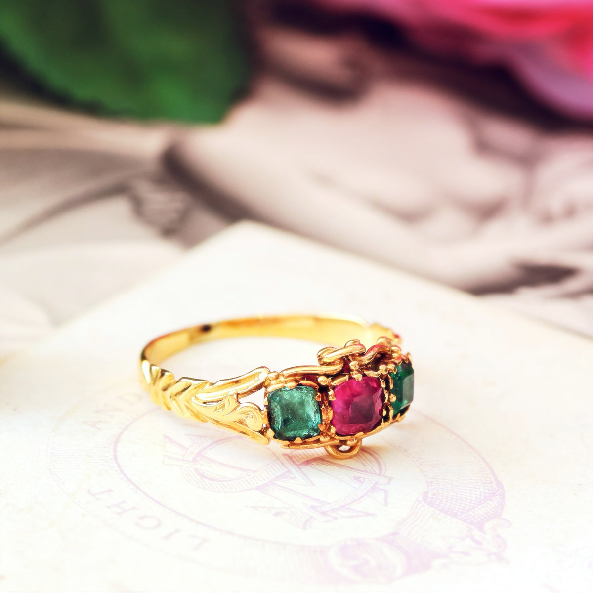 Antique Mid Victorian Ruby & Emerald Floral Ring