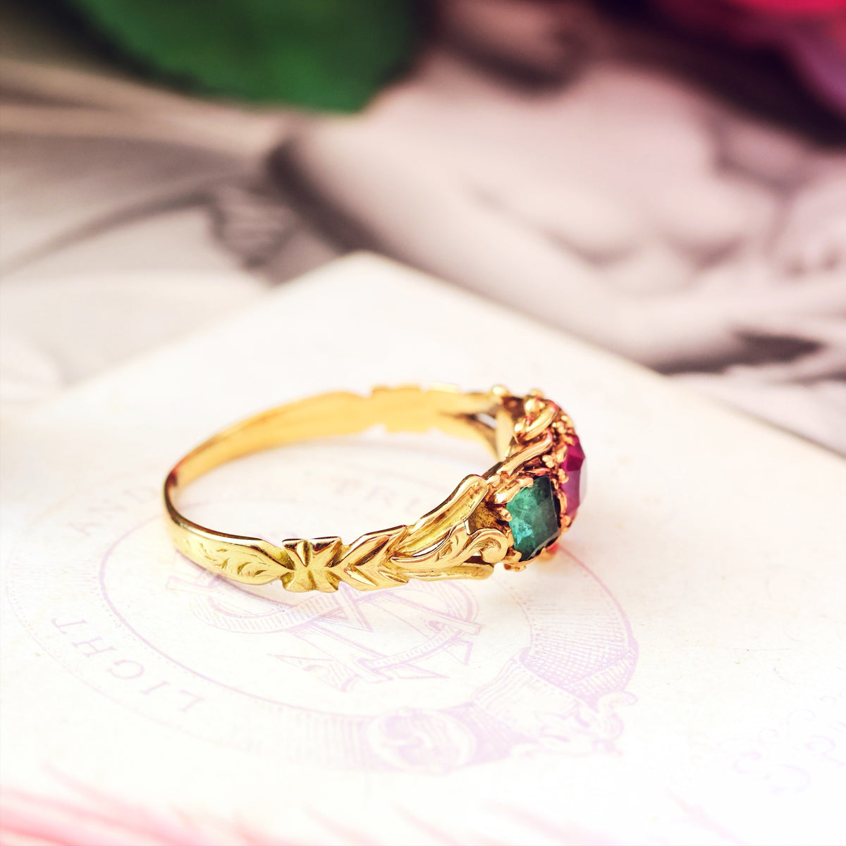 Antique Mid Victorian Ruby & Emerald Floral Ring