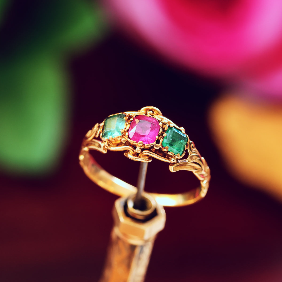Antique Mid Victorian Ruby & Emerald Floral Ring
