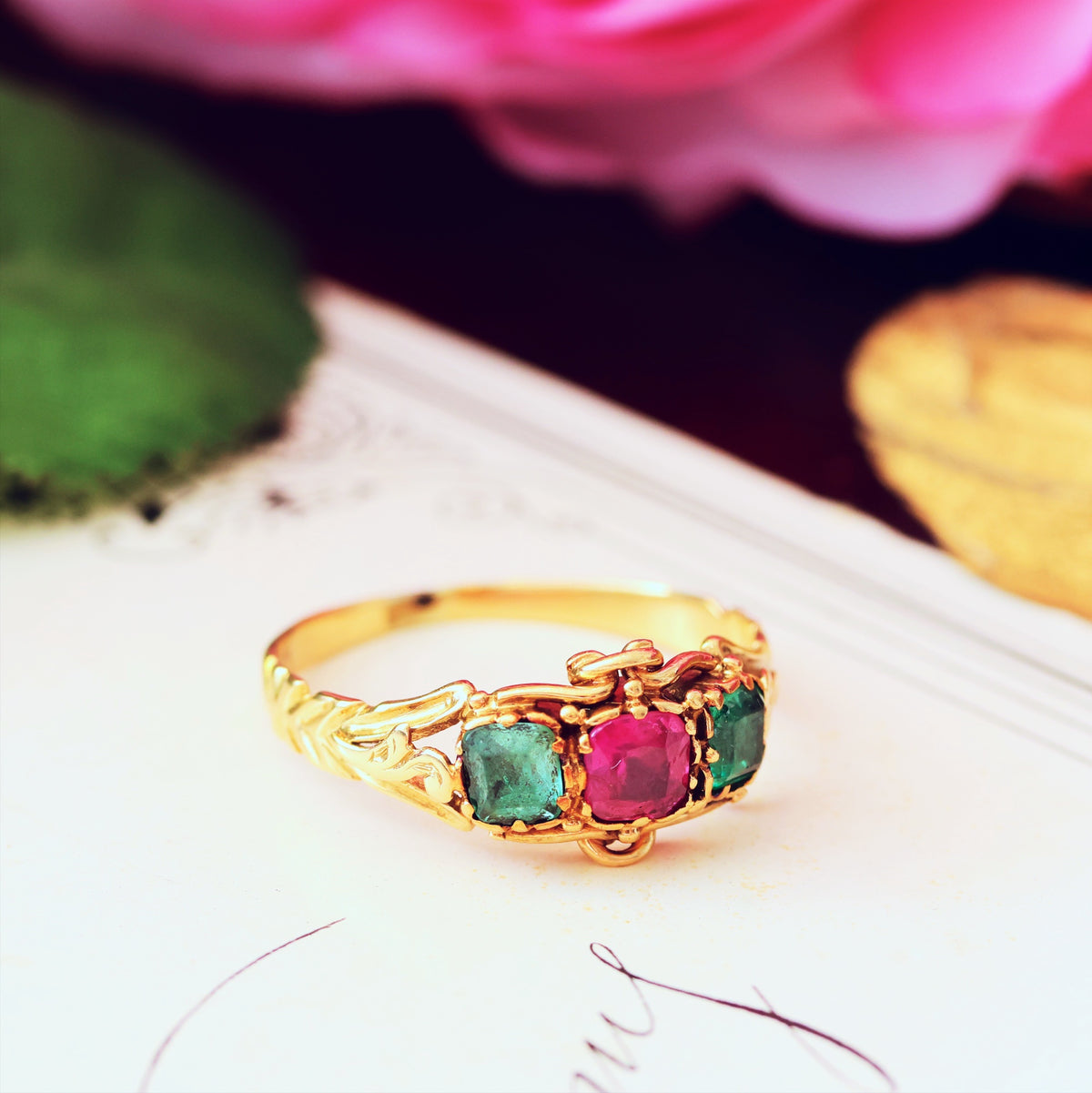 Antique Mid Victorian Ruby & Emerald Floral Ring