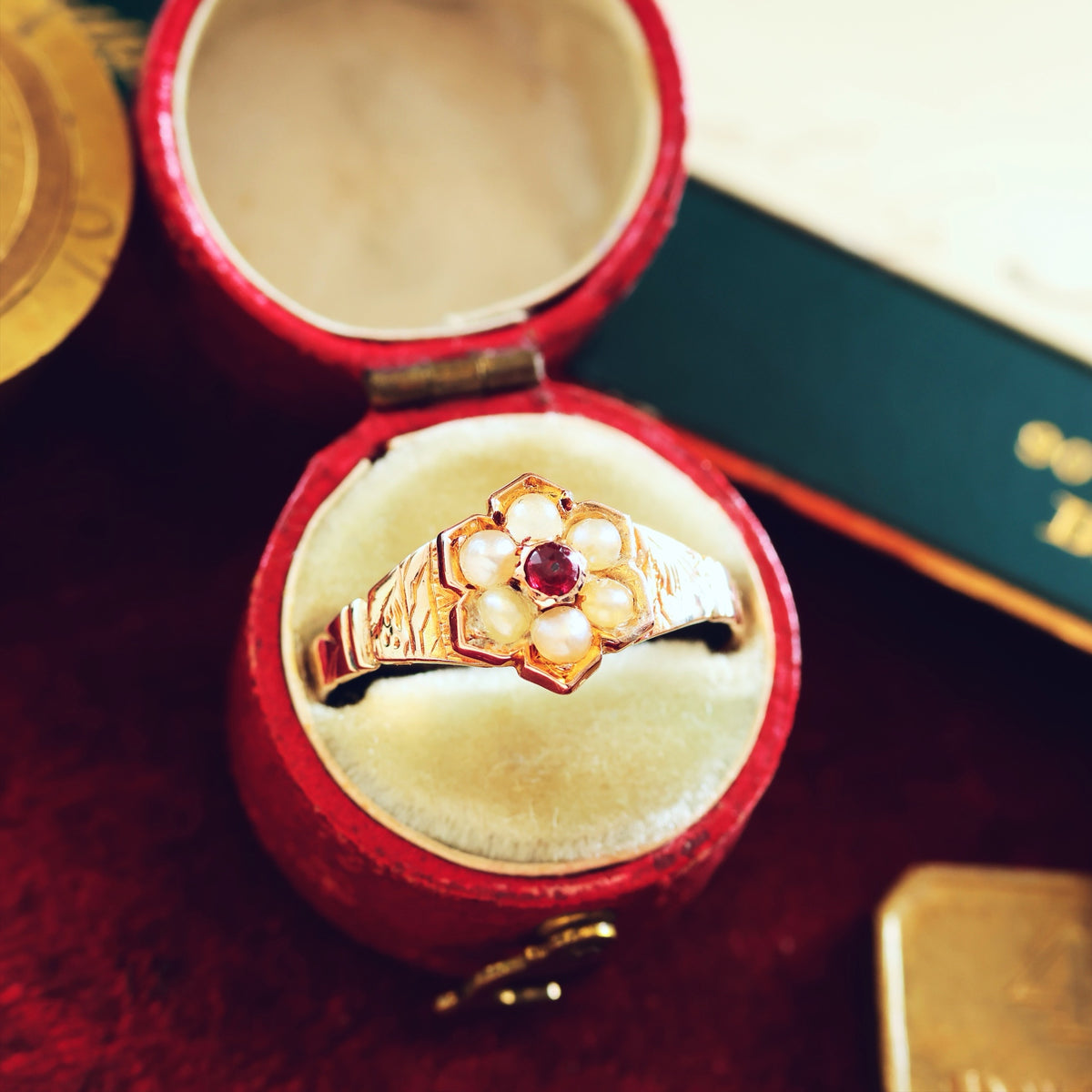 Antique Victorian Ruby & Pearl Flowerette Ring