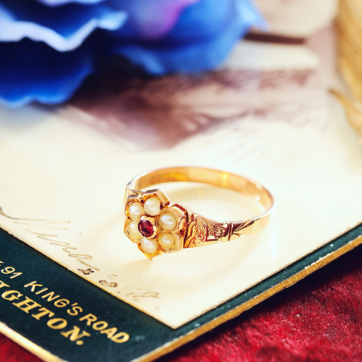 Antique Victorian Ruby & Pearl Flowerette Ring