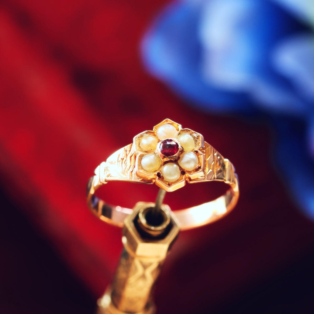 Antique Victorian Ruby & Pearl Flowerette Ring