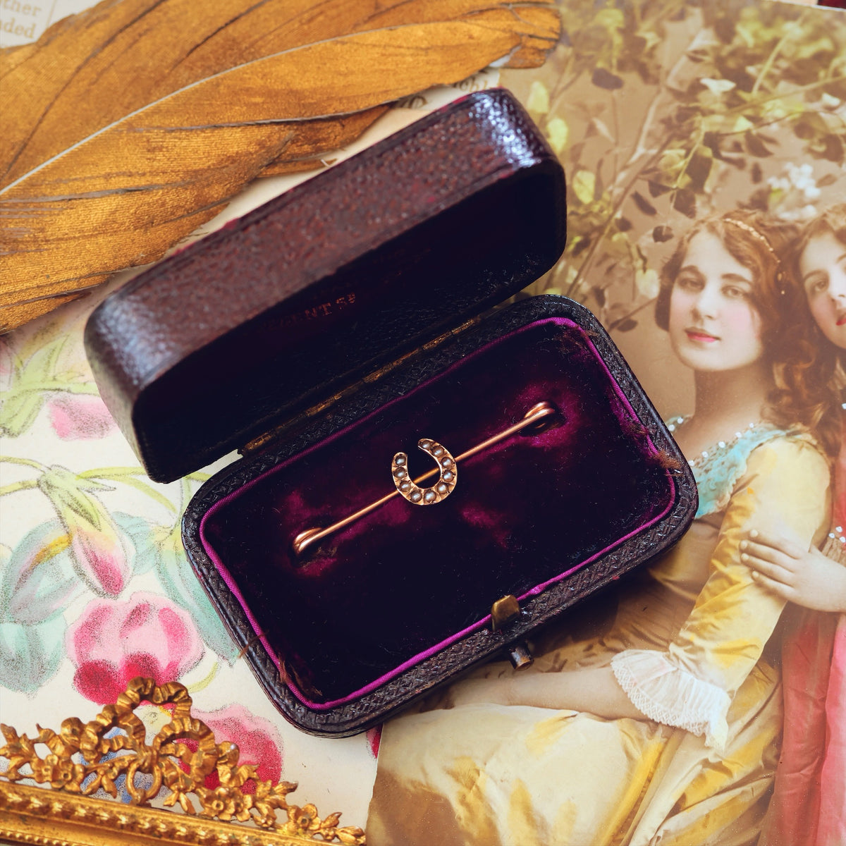 Victorian Seed Pearl Lucky Horseshoe Gold Pin