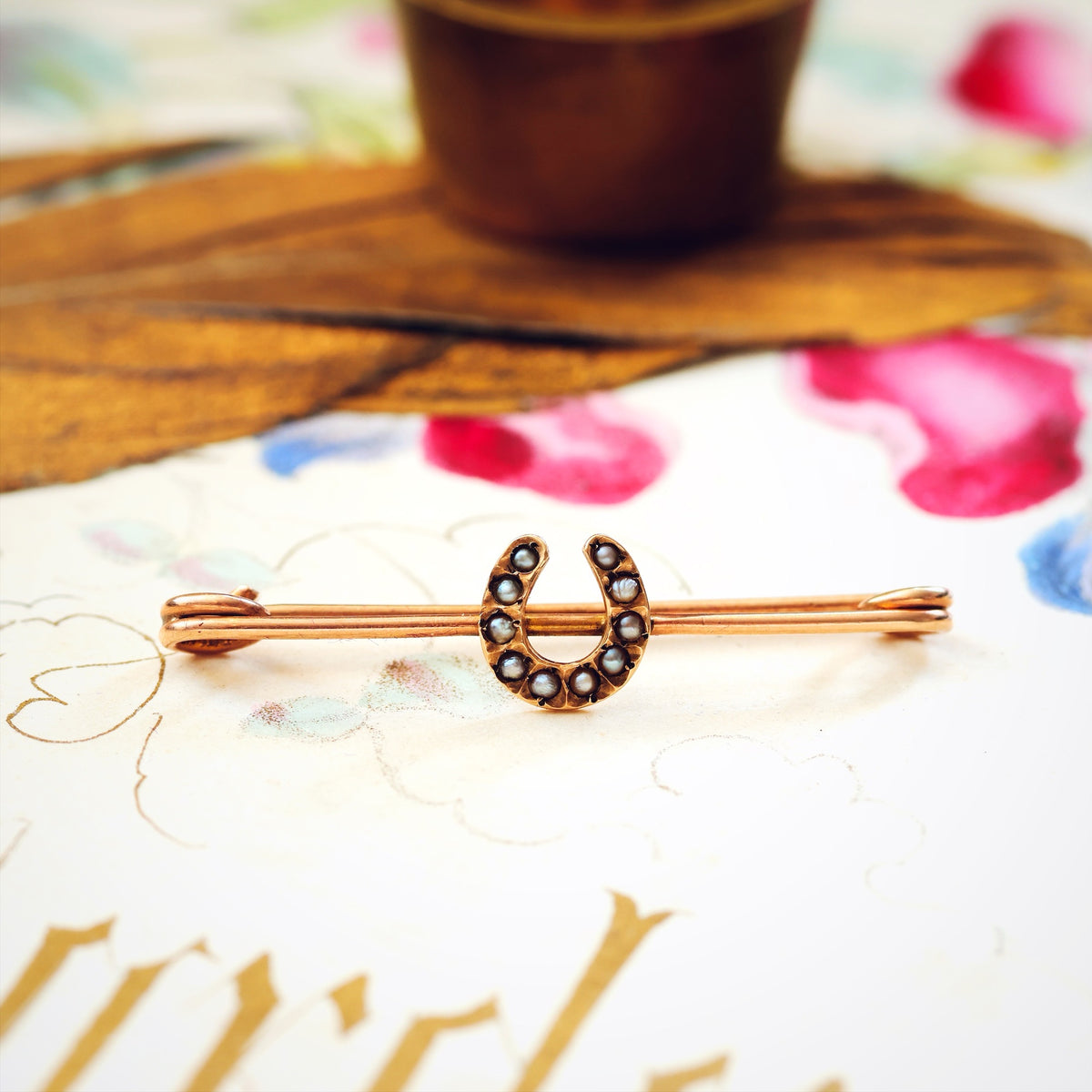 Victorian Seed Pearl Lucky Horseshoe Gold Pin