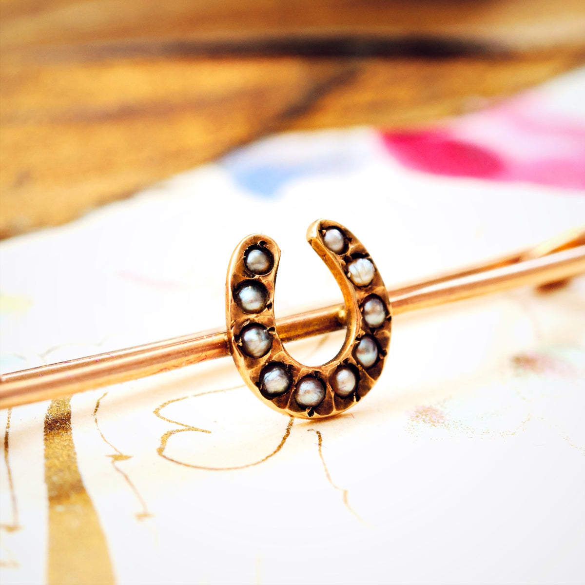 Victorian Seed Pearl Lucky Horseshoe Gold Pin