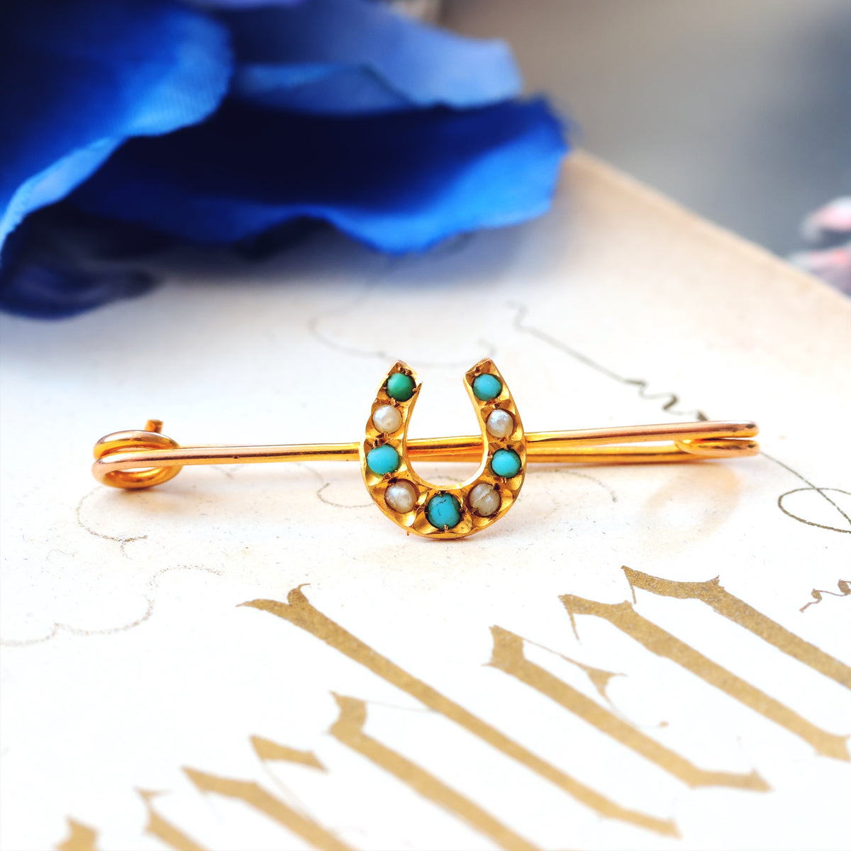 Victorian Turquoise & Seed Pearl Lucky Horseshoe Pin