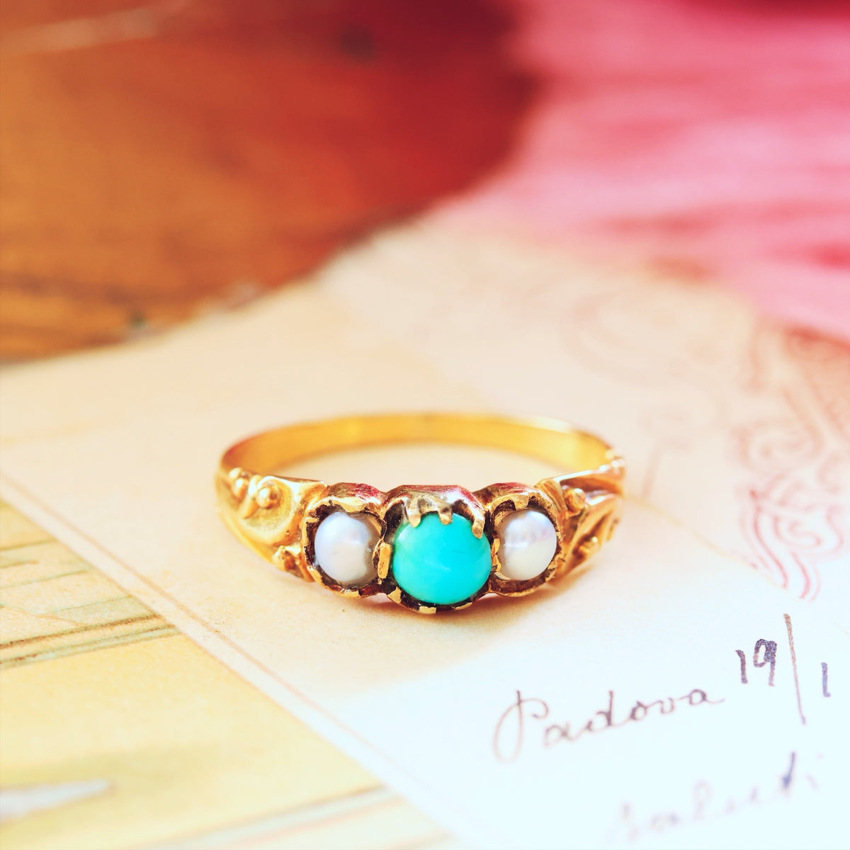 Fondest Victorian Turquoise & Wild Pearl Sweetheart Ring