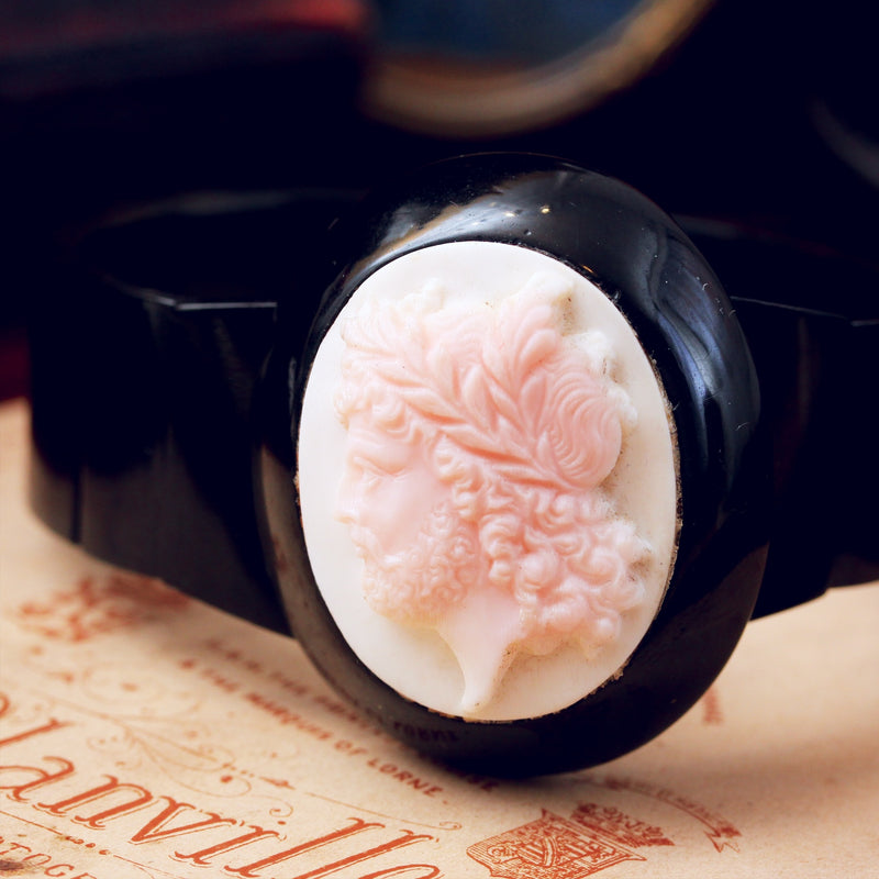 Antique Victorian Whitby Jet Shell Cameo Bracelet