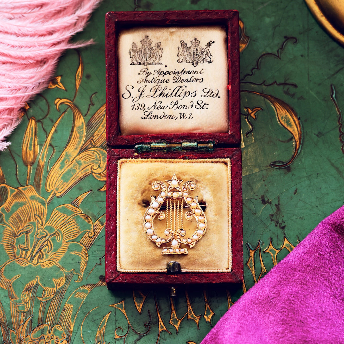 Romantic Antique Victorian Wild Pearl Lyre Brooch