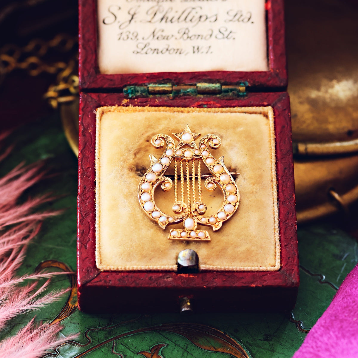 Antique Victorian Wild Pearl Lyre Brooch