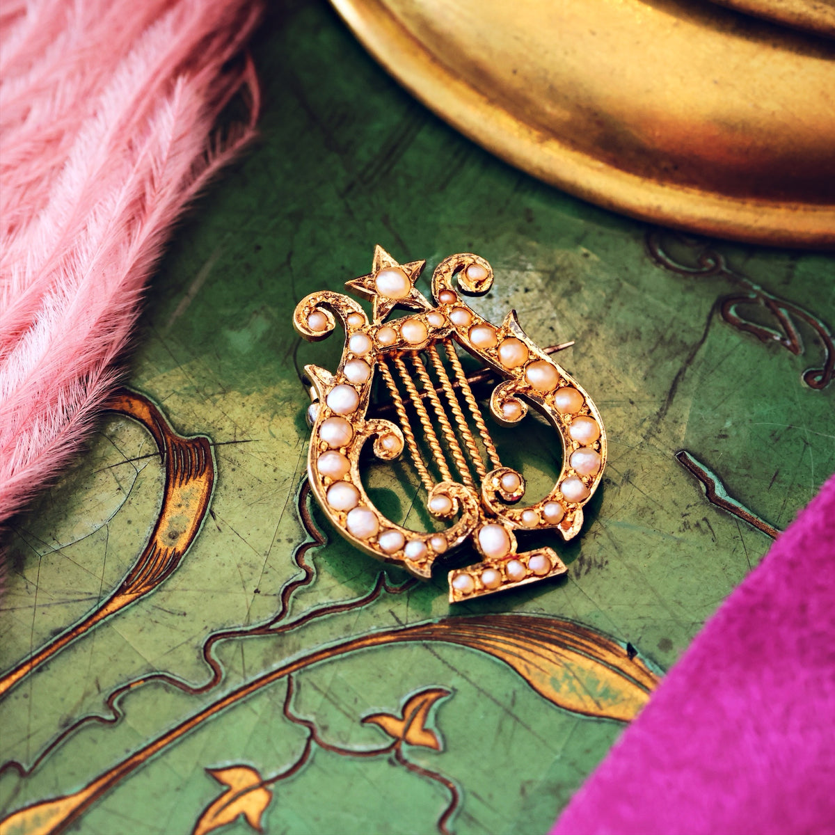 Romantic Antique Victorian Wild Pearl Lyre Brooch