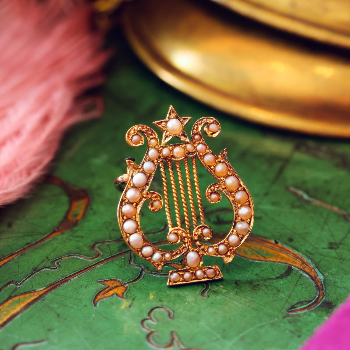 Romantic Antique Victorian Wild Pearl Lyre Brooch