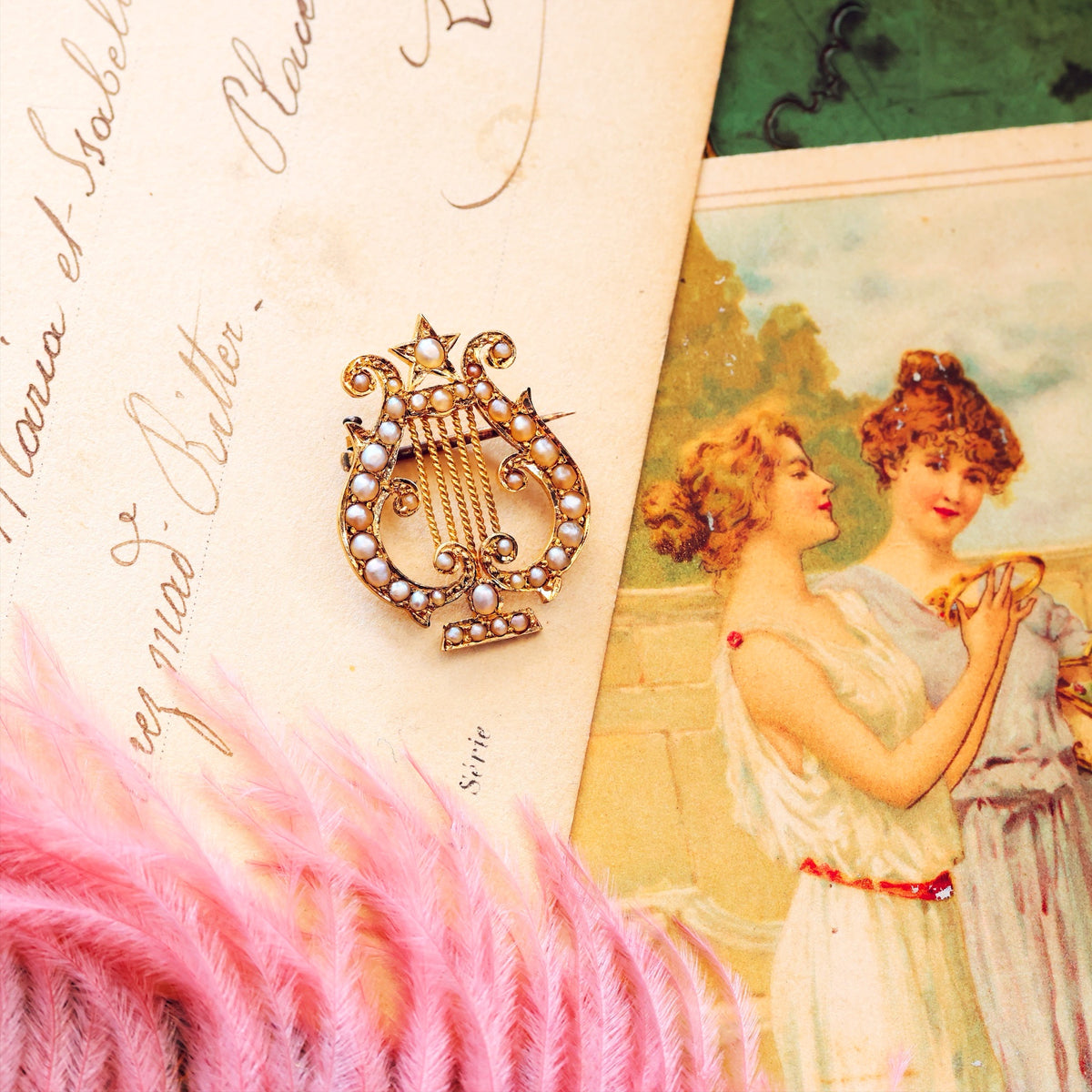 Romantic Antique Victorian Wild Pearl Lyre Brooch