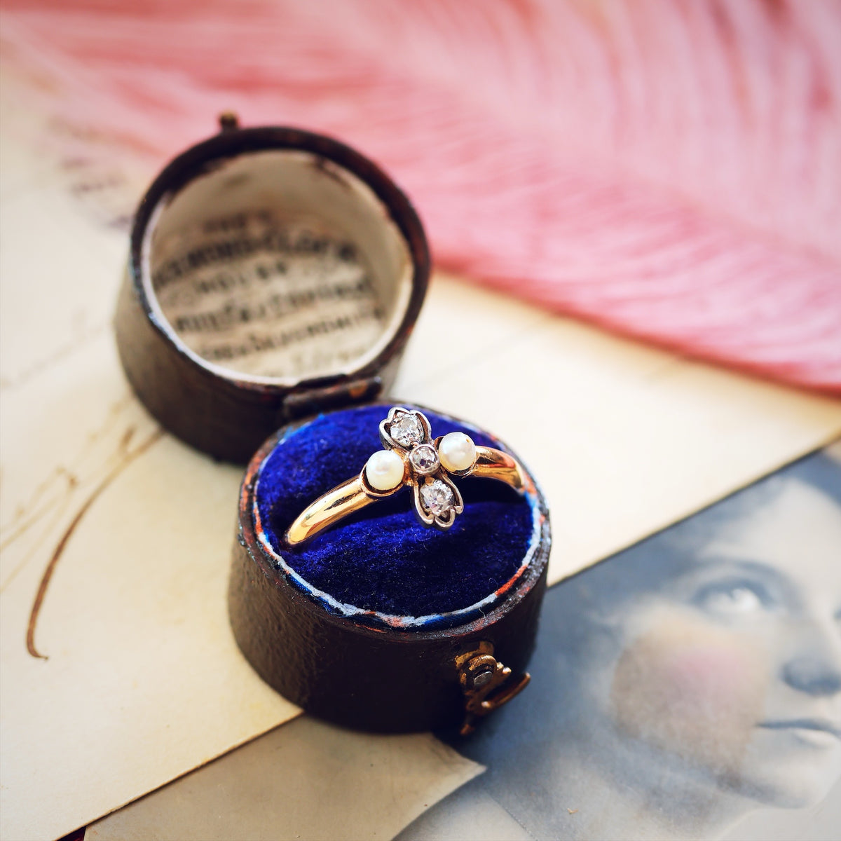 Antique Wild Pearl & Diamond Florette Ring