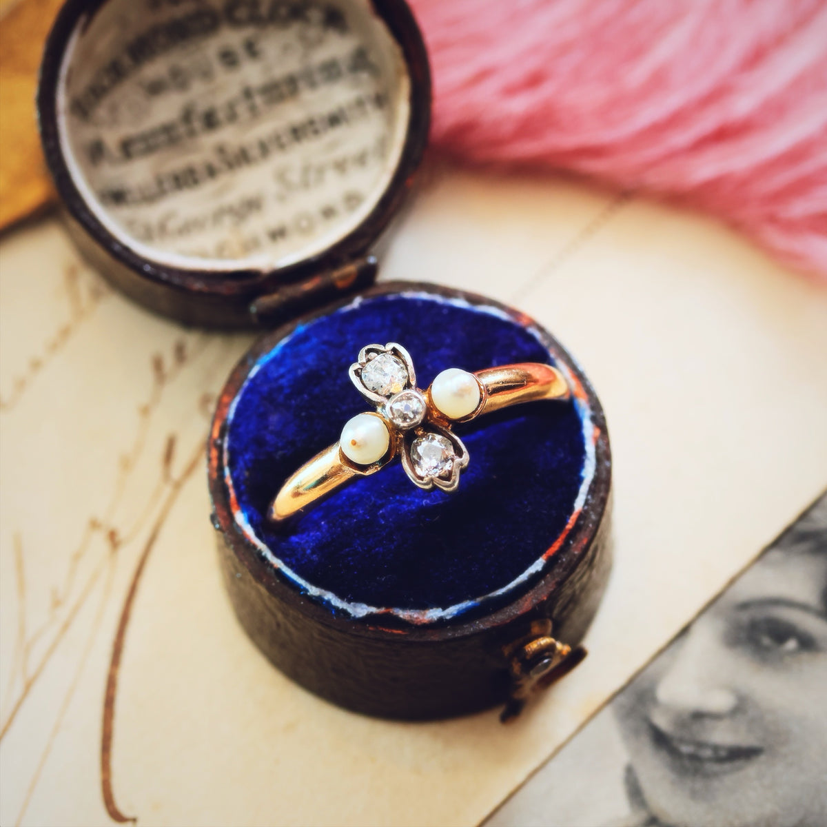 Sweet Antique Wild Pearl & Diamond Florette Ring