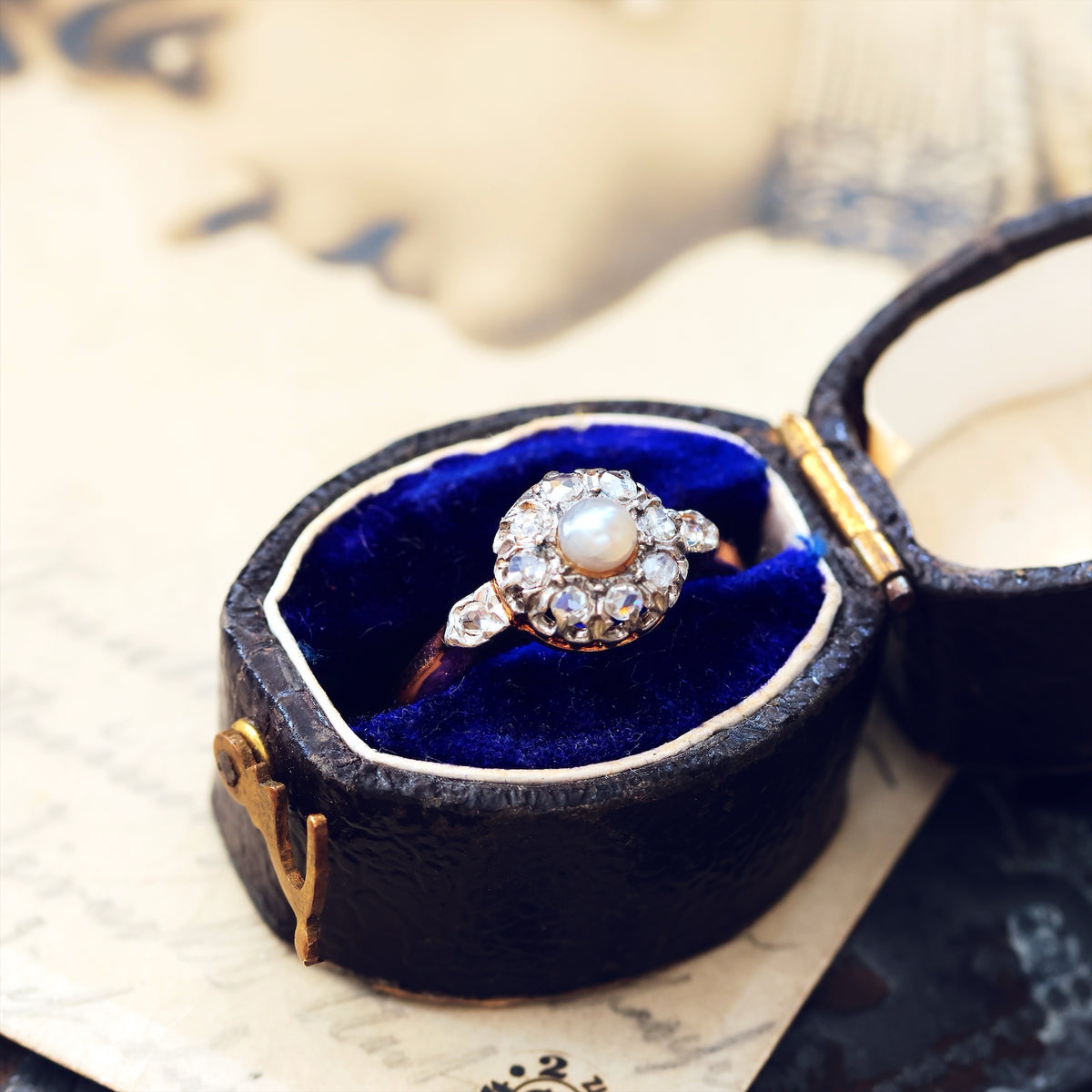 Dreamy Antique Wild Pearl & Diamond Flowerette Ring