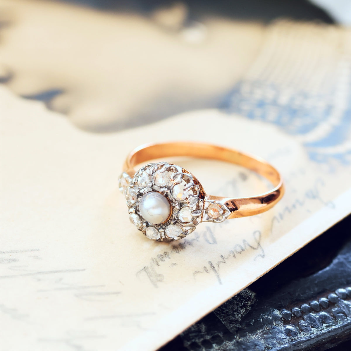 Dreamy Antique Wild Pearl & Diamond Flowerette Ring