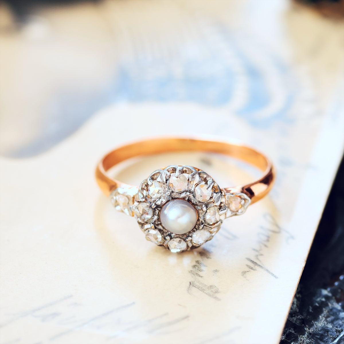 Antique Wild Pearl & Diamond Flowerette Ring