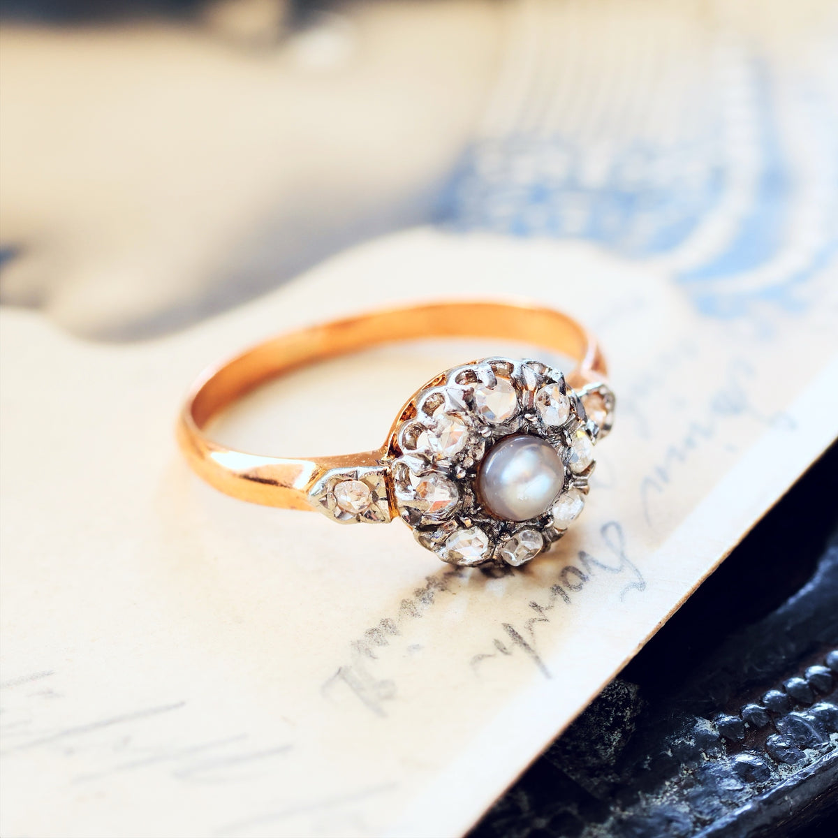 Dreamy Antique Wild Pearl & Diamond Flowerette Ring