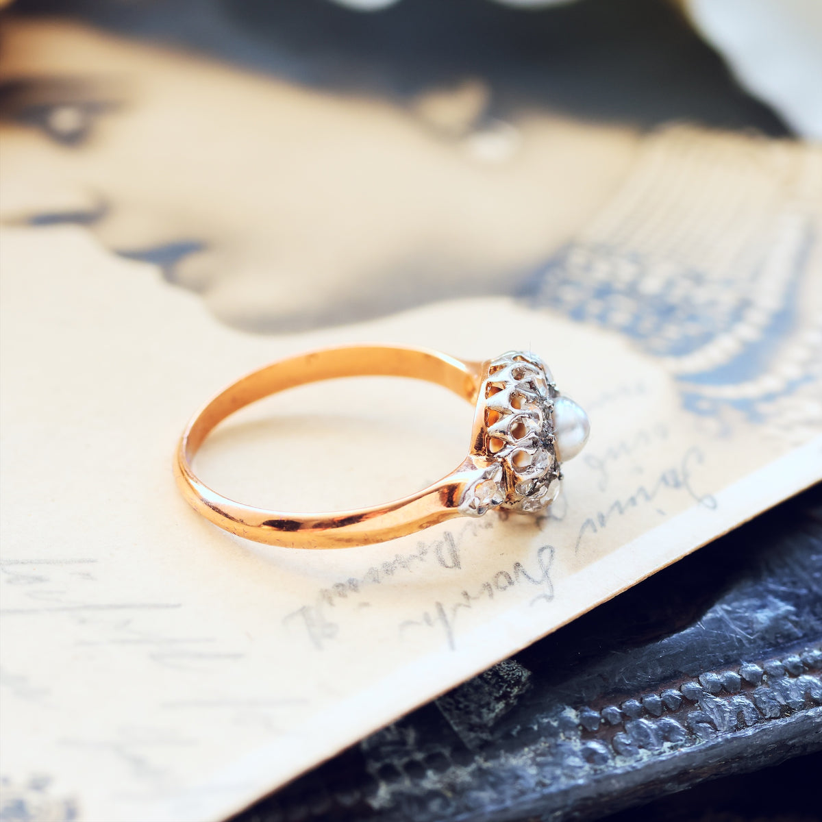 Dreamy Antique Wild Pearl & Diamond Flowerette Ring