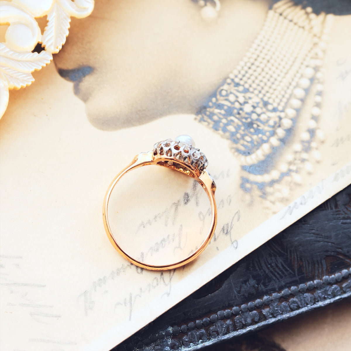 Dreamy Antique Wild Pearl & Diamond Flowerette Ring