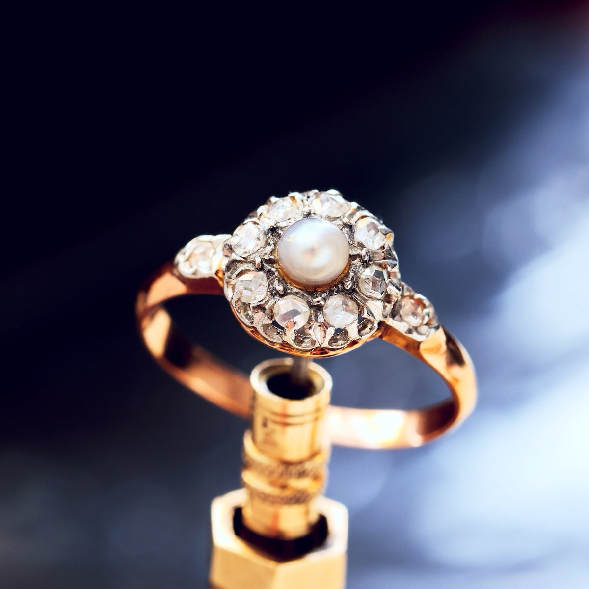 Dreamy Antique Wild Pearl & Diamond Flowerette Ring