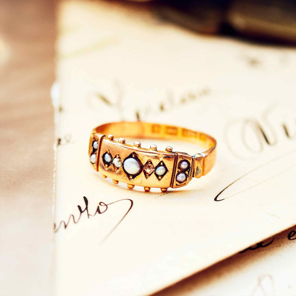 Date 1881 15ct Gold Seed Pearl & Diamond Ring