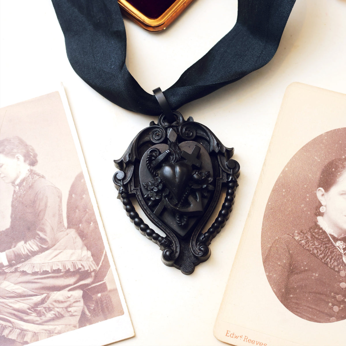 Victorian Gothic Vulcanite Faith, Hope & Charity Locket