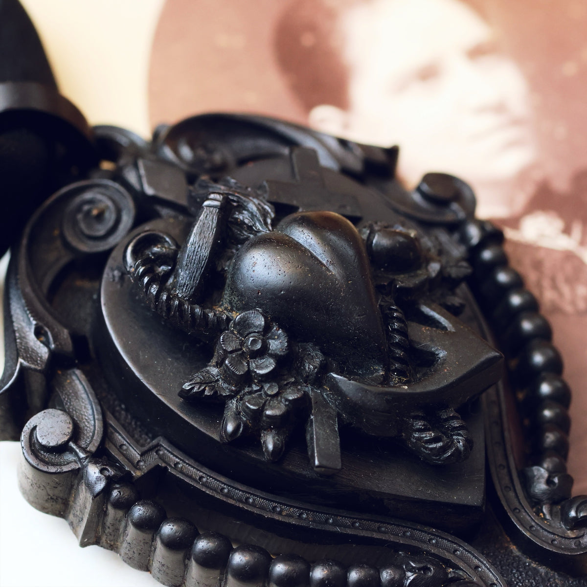 Victorian Gothic Vulcanite Faith, Hope & Charity Locket