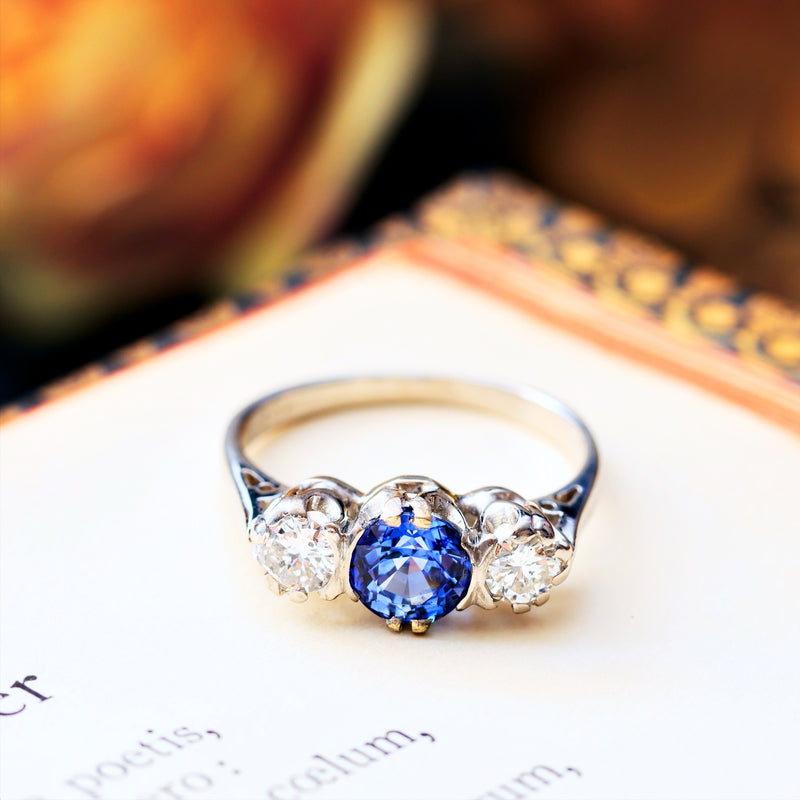 Vintage Ceylon Sapphire & Diamond Engagement Ring