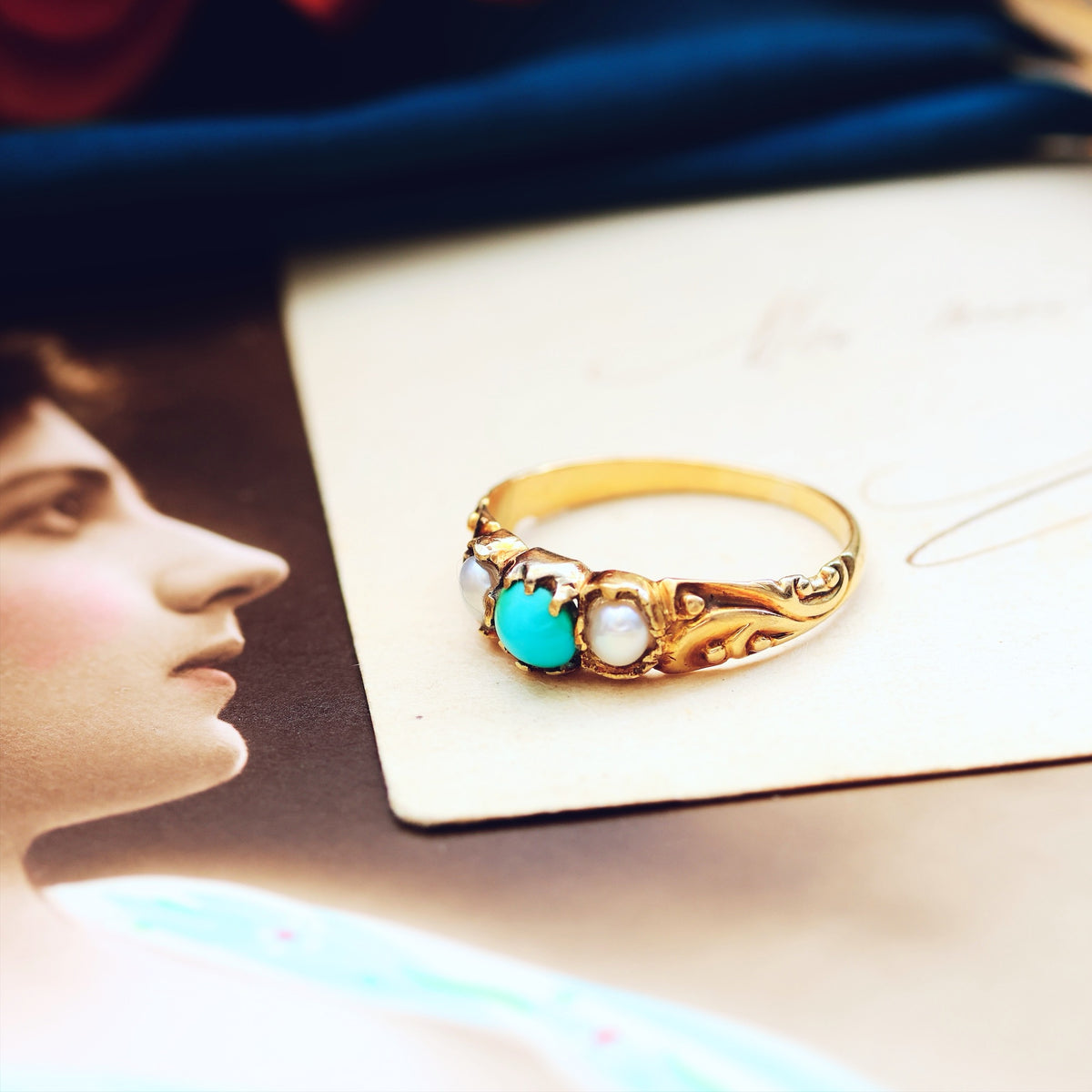 Fondest Victorian Turquoise & Wild Pearl Sweetheart Ring