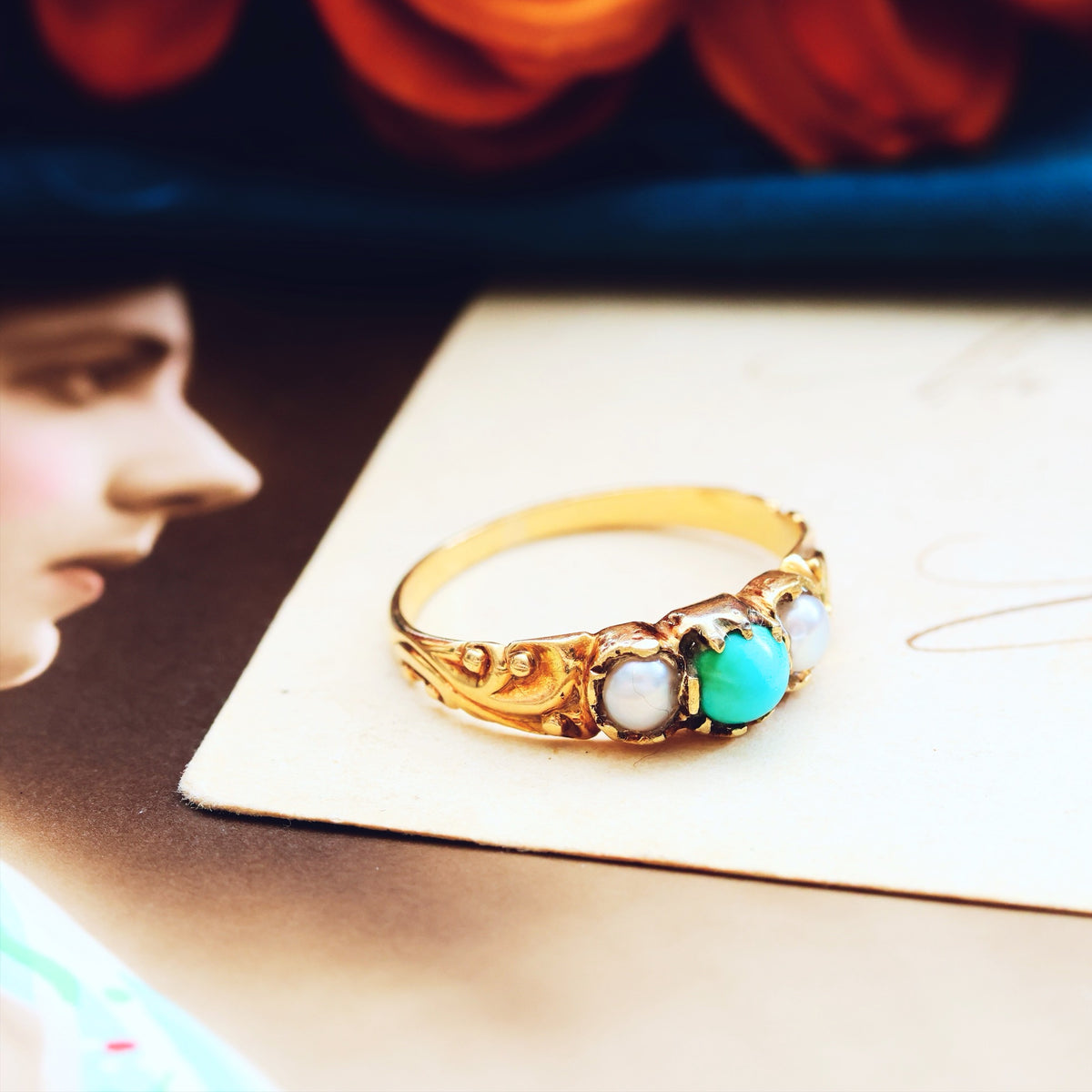 Fondest Victorian Turquoise & Wild Pearl Sweetheart Ring