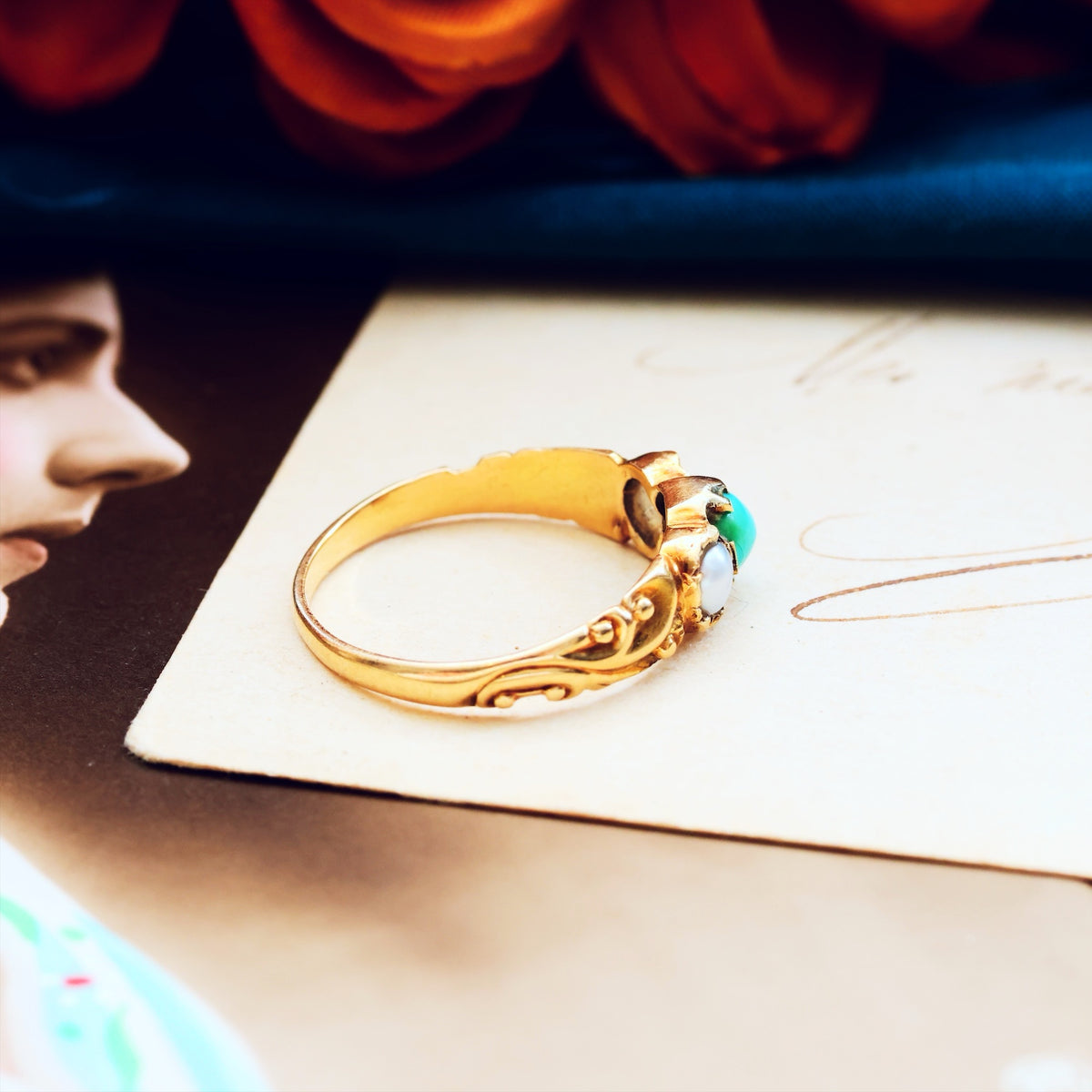 Fondest Victorian Turquoise & Wild Pearl Sweetheart Ring