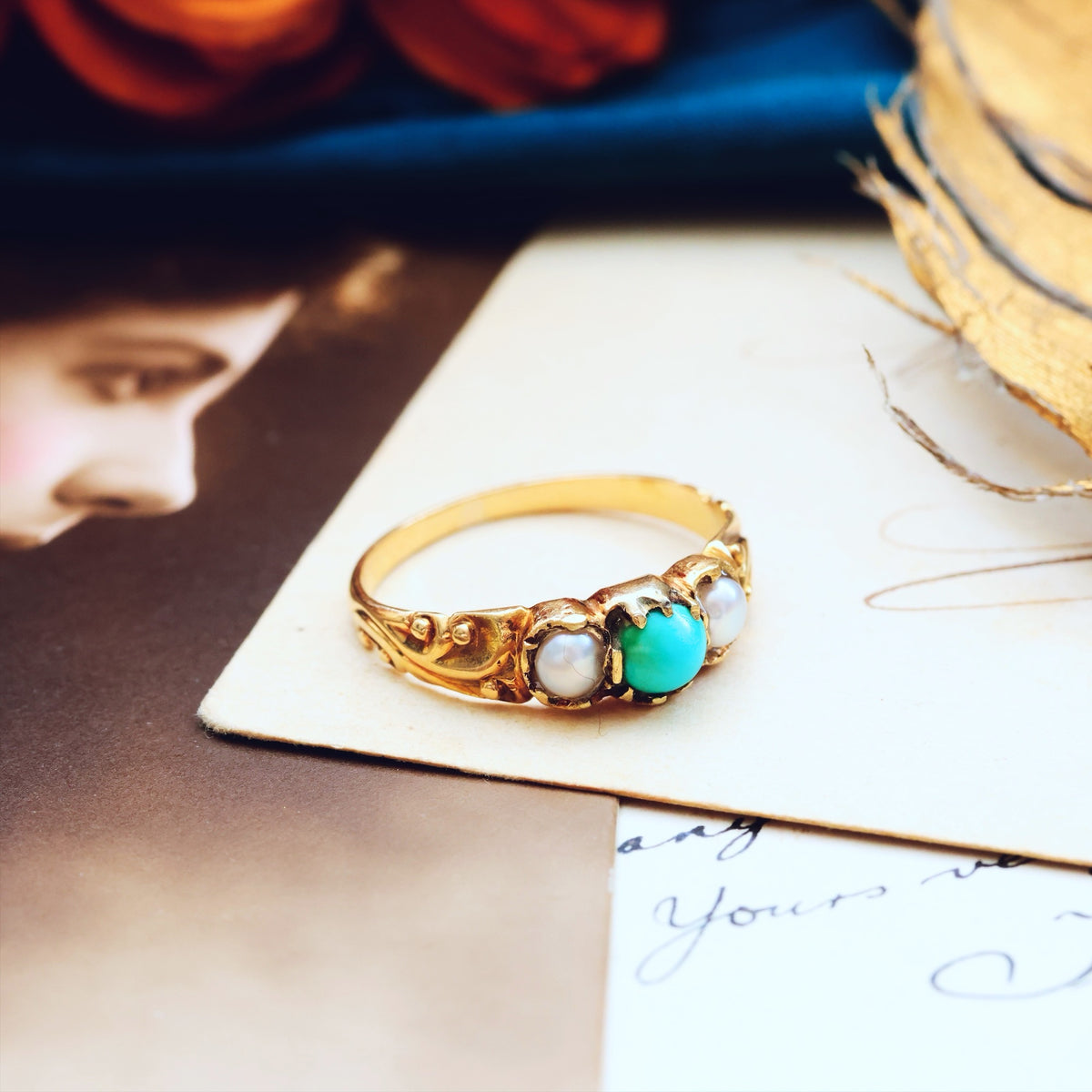 Fondest Victorian Turquoise & Wild Pearl Sweetheart Ring