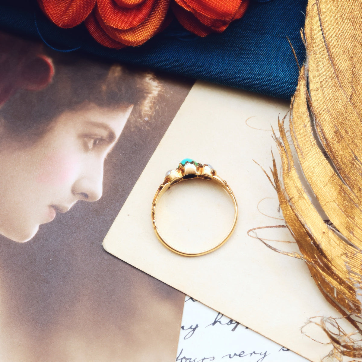 Fondest Victorian Turquoise & Wild Pearl Sweetheart Ring